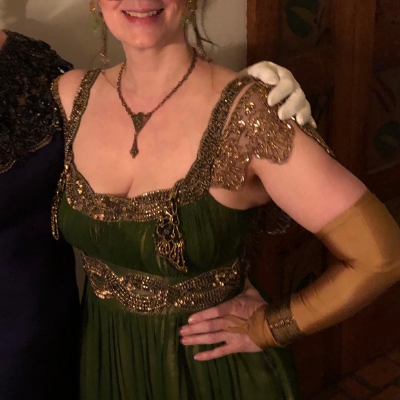 🧚🏼‍♀️✨Clearance Sale!✨ Adrianna Papell Green Silk Gold Sequin Dress - Picture 2 of 8